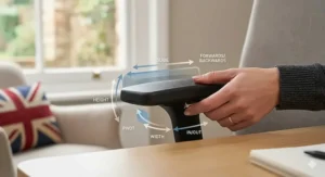 Diagram showing 4D adjustable armrests moving up, down, and sideways to align with a standard UK desk height.