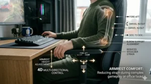 Technical diagram of 4D multi-directional armrests on a gaming chair, highlighting height adjustment and swivel to reduce shoulder strain.