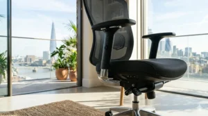 Side view of a mesh office chair showing adjustable armrests and seat height for personalised ergonomic comfort.