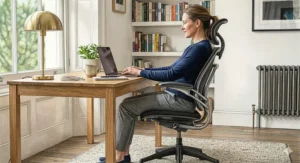Close-up of an orthopaedic office chair showing adjustable lower back support settings for back pain relief.