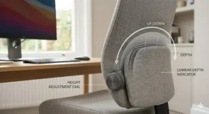 Close-up illustration showing the height-adjustable lumbar support dial on the back of an ergonomic office chair.
