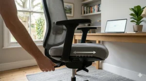 Illustration showing how to adjust seat depth on an office chair to ensure comfort for different leg lengths during long shifts.