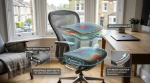 Technical photorealistic illustration demonstrating adjustable seat depth and contoured pressure distribution for optimal leg circulation.