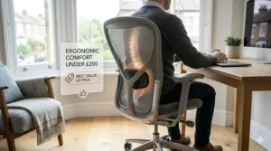 Photorealistic image of a mesh desk chair with a graphic overlay highlighting it as the best value UK pick for a budget under £200.