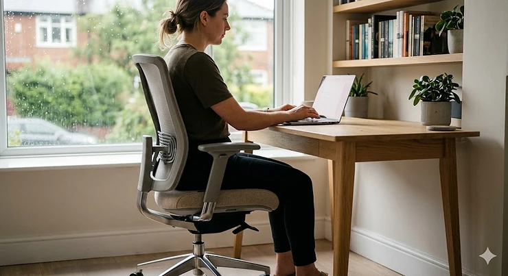 A high-detail photograph of a person in good posture using a light grey ergonomic mesh office chair at a wooden desk in a British home office on a rainy day ergonomic office chair ergonomic office chair