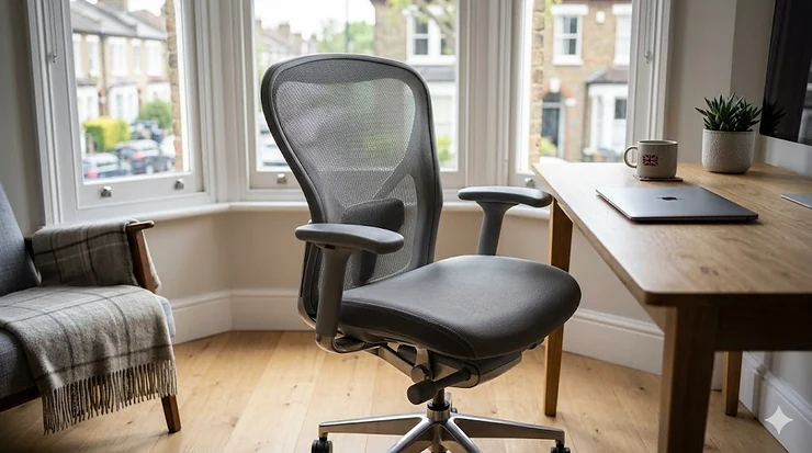 A high-quality photorealistic grey mesh ergonomic office chair in a bright London home office by a bay window, priced under £200. ergonomic office chair under £200