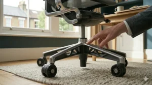 Technical drawing showing the height, width, and depth measurements of an ergonomic mesh chair in centimetres.