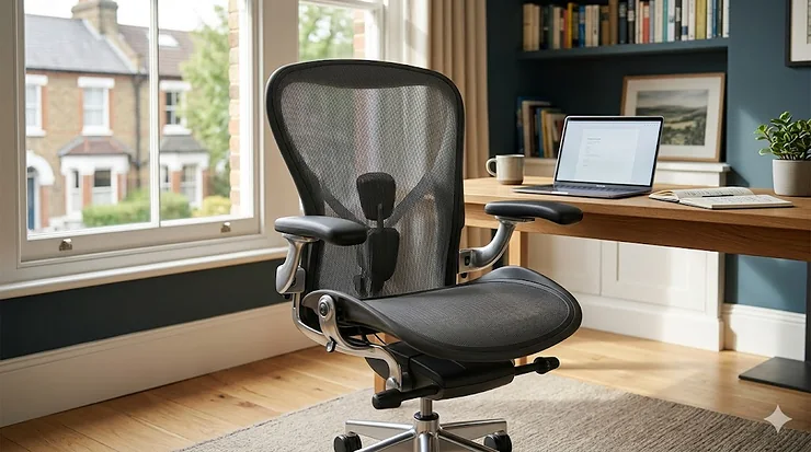 A high-quality mesh office chair with adjustable armrests and headrest, positioned in a modern British home office setting. best mesh office chair