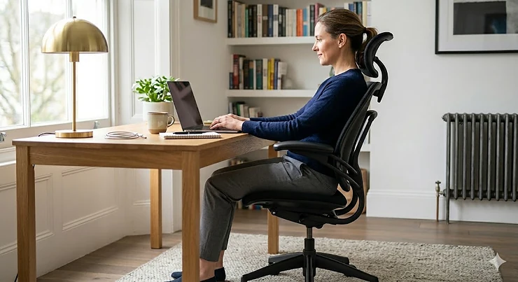 Ergonomic mesh office chair with adjustable lumbar support in a modern UK home office with a woman sitting with correct posture at a wooden desk. office chair for back pain