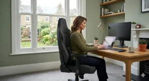 Detailed view of hydrophobic, breathable grey fabric on a gaming chair seat, designed for temperature regulation in a British office.