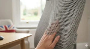 Detailed view of the breathable grey mesh fabric on an ergonomic chair designed for airflow and comfort during long working hours.