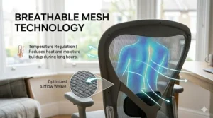 A 4K detailed illustration showcasing breathable mesh technology and an airflow weave for temperature regulation during long working hours.