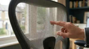 Diagram showing airflow through the woven mesh fabric of an office chair to keep users cool during the summer.