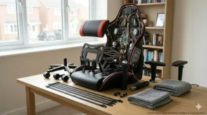 A diagram showing the height, width, and depth in centimetres for a standard budget gaming chair to ensure it fits UK desk spaces.