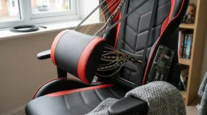 A comparison graphic showing three different styles of cheap gaming chairs available in the UK for under £150.