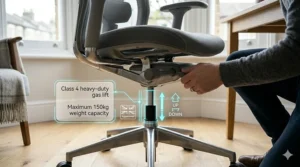 Close-up photorealistic shot of a heavy-duty Class 4 gas lift and height adjustment lever, featuring a UK approved safety mark.