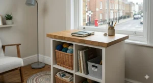 Alt text for a compact craft desk with storage cubes styled for a small London flat featuring minimalist decor and a curated selection of crafting materials.