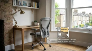 A grey mesh ergonomic chair styled within a compact workspace nook of a traditional British terrace house or flat.