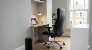 A compact executive office chair tucked under a wooden desk in a bright UK apartment.