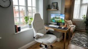 Dimensions of a compact white gaming chair showing a narrow footprint for small rooms.