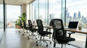 Row of black mesh back office chairs in a professional London corporate environment providing employee cooling.