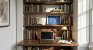 Technical blueprint of an ergonomic chair displayed in a study, showing the correct sitting position to reduce spinal strain.