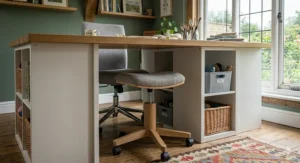Alt text for an ergonomic timber height-adjustable stool tucked neatly under a solid oak-topped craft desk with integrated storage cubes and labelled organisation bins.