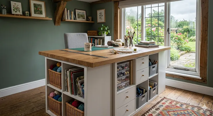 Alt text for a featured hero image of a sturdy wooden craft desk with storage cubes in a British cottage-style home with a view of a garden through a leaded window. craft desk with storage cubes