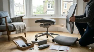 A photorealistic guide showing the simple home assembly process of a grey ergonomic chair with a British instruction manual on a light oak floor.