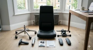 Components of an executive office chair laid out for easy self-assembly with included tools.