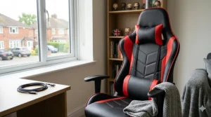 Close-up illustration of the adjustable lumbar support and neck pillow on an affordable gaming chair for improved posture.