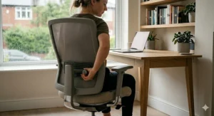 A detailed, photorealistic close-up view of a user's hand adjusting the precise lumbar support dial on the light grey mesh ergonomic chair, highlighting the technical components and natural light.