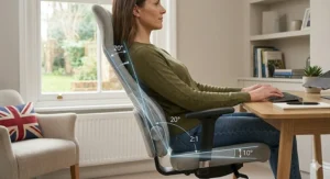 An illustration demonstrating the 2-to-1 synchro-tilt recline feature of a lumbar-supported chair for dynamic seating.