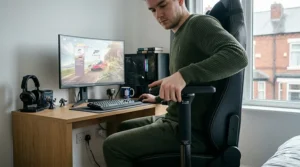 Close-up of a user interacting with a matte black seat-height adjustment lever on a gaming chair, showing the gas lift cylinder.