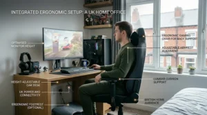 An integrated ergonomic setup in a UK home office featuring an adjustable oak desk, UK power sockets, and a gaming chair for back support.