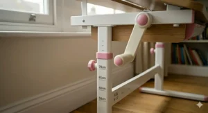 A detailed macro shot of the ergonomic manual crank handle used to raise or lower the study desk work surface to suit a child's height.
