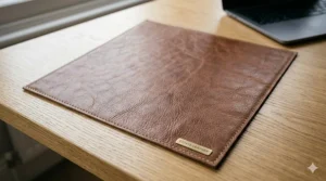 A side profile illustration of the brown leather office chair with a semi-transparent overlay showing ideal spinal alignment and technical diagrams of the adjustable lumbar support system.