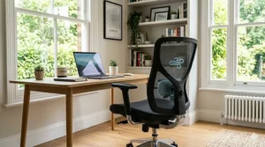 Mesh back office chair with adjustable lumbar support for comfortable posture during a British summer heatwave.