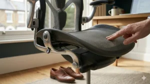 Side view illustration of a mesh chair with a waterfall seat edge design to reduce pressure on thighs and improve circulation.