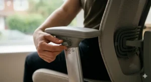 A detailed photorealistic close-up photograph of a user's hand manipulating a multi-directional control switch on the light grey ergonomic chair, showing the armrest's height, depth, and pivot adjustments.