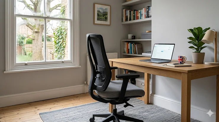 A high-back ergonomic office chair for long hours sitting, featuring adjustable lumbar support and mesh fabric, positioned at a modern wooden desk in a bright UK study. office chair for long hours sitting