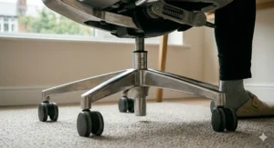 A photorealistic close-up photograph of the polished aluminium five-star base and specific grey multi-surface castors, resting on the light oak floor and a low-pile office carpet, demonstrating their versatility.