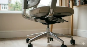 A detailed photorealistic close-up photograph looking up at the complex synchronous tilt mechanism, large tension spring, and metal linkages located beneath the seat pan of the light grey ergonomic chair.