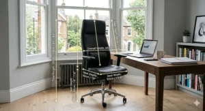 Diagram showing height and width measurements of a standard UK executive office chair.
