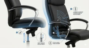 Close-up illustration showing the adjustable lumbar support and pneumatic height lever on an executive swivel chair.