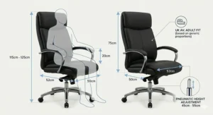 A technical drawing showing the seat width, backrest height, and armrest measurements of an executive office chair in centimetres.