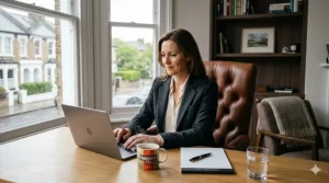 A close-up photograph of a full-grain Italian leather swatch in Estate Brown, highlighting the rich texture, natural grain, and neat stitching of the luxury office chair upholstery.