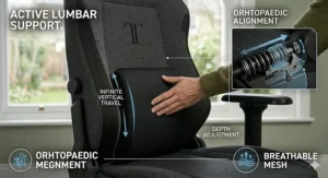 Smooth-glide casters on a gaming chair base, demonstrated on a transition between a grey carpet and a light oak hardwood floor.