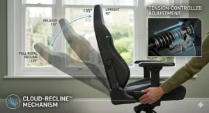 A photorealistic side view illustrating the multi-stage recline positions of a professional gaming chair used for home office work.