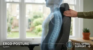 Diagram showing the 135-degree recline and tension-controlled adjustment mechanism of a gaming chair for relaxing during office breaks.